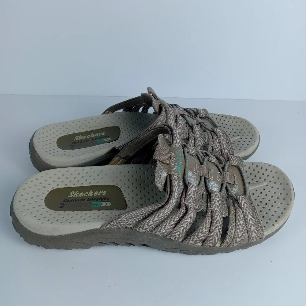 Skechers Reggae Repetition Slides Womens 7 Beige Taupe Slip On Athletic Sandals
